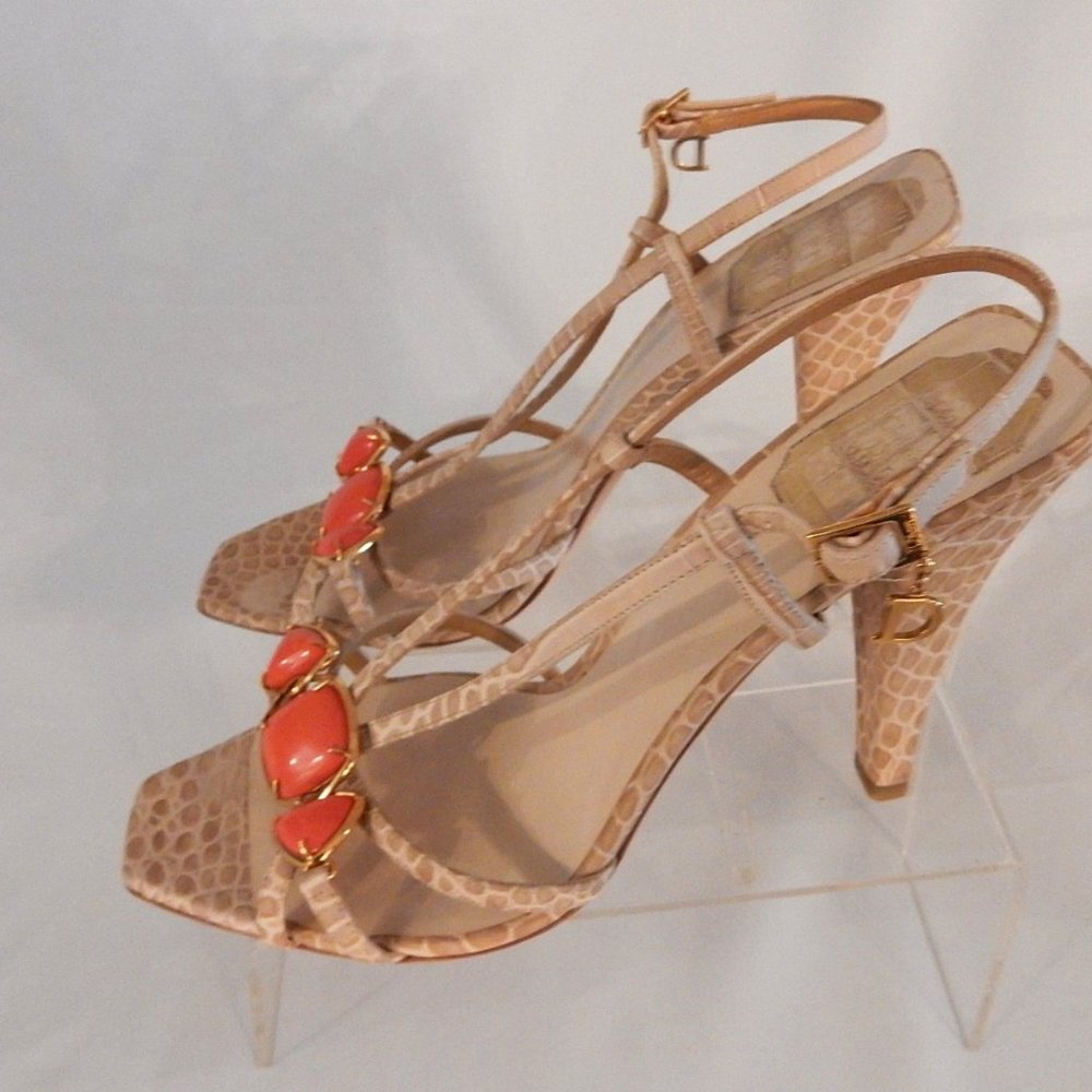 CHRISTIAN DIOR TAN CROC. EMBOSSED JEWELED SANDALS / EU 39